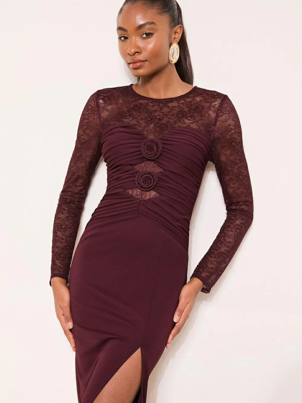 Best Lipsy Burgundy Red Burgundy Lace Trim Ruched Maxi Dress