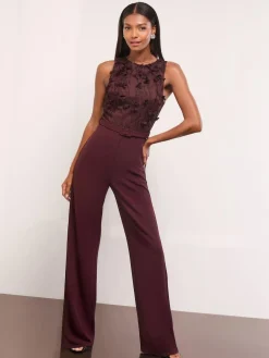Lipsy Burgundy Red Petite Floral 3D Textured Halter Jumpsuit^Women Jumpsuits & Playsuits