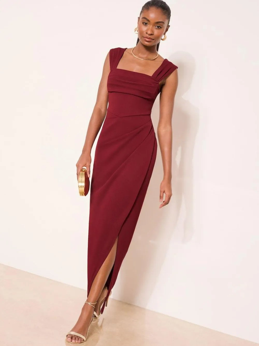 Best Lipsy Square Neck Short Sleeve Ruched Maxi Dress Burgundy Red