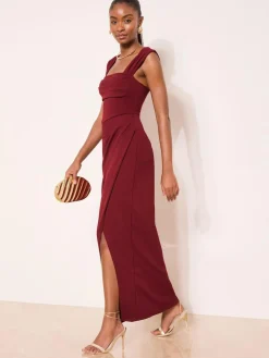 Best Lipsy Square Neck Short Sleeve Ruched Maxi Dress Burgundy Red