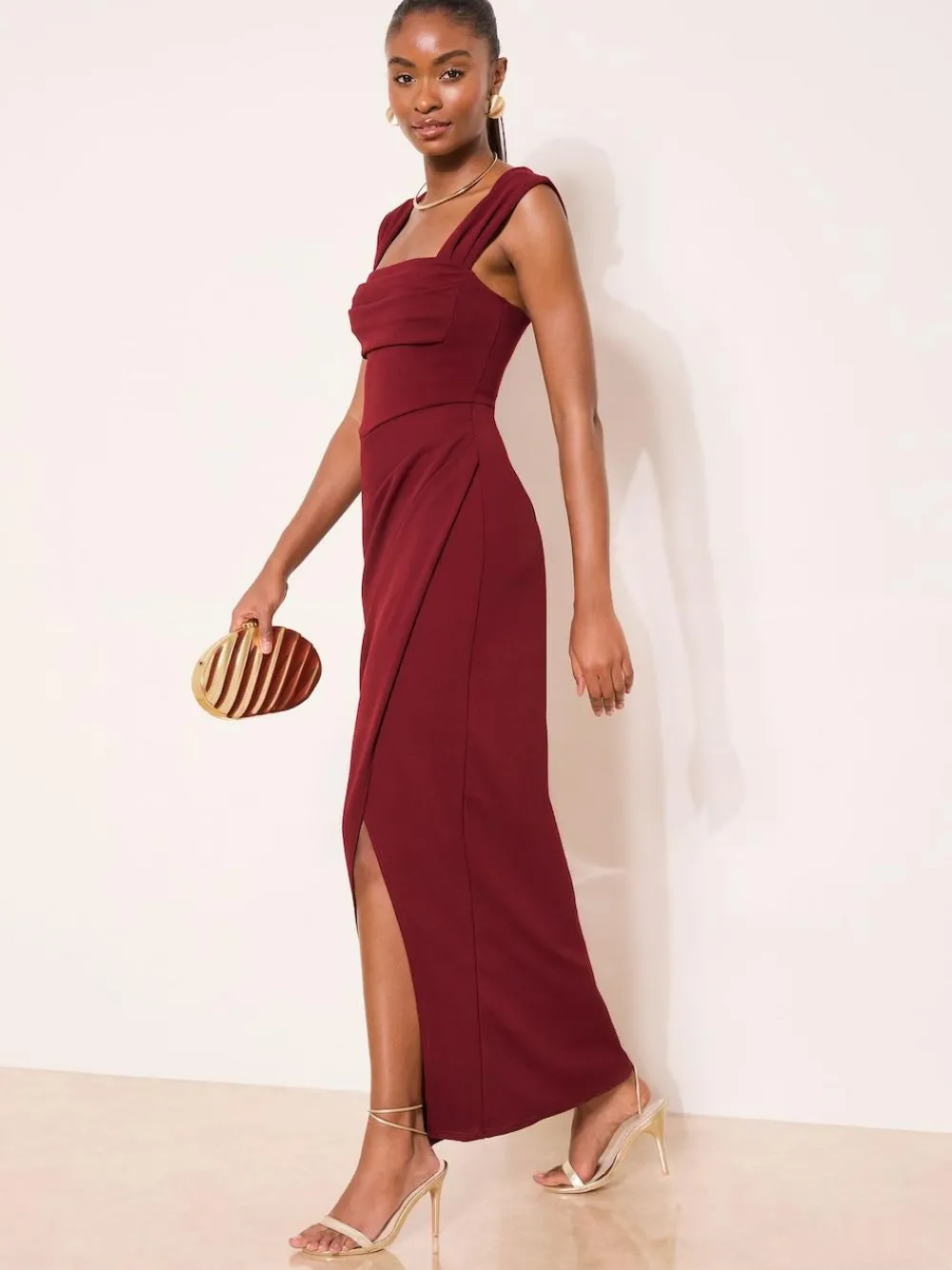 Best Lipsy Square Neck Short Sleeve Ruched Maxi Dress Burgundy Red