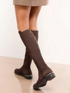 New Lipsy Wide Fit Faux Suede Elasticated Flat Knee High Casual Boots Chocolate Brown