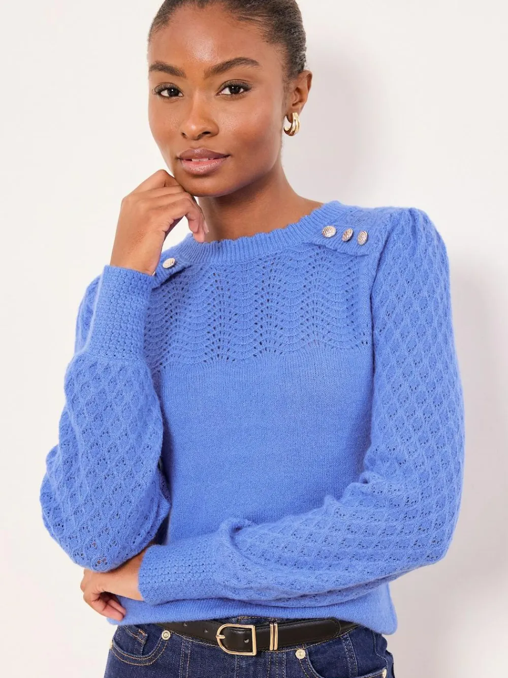 Lipsy Pointelle Stitch Long Sleeve Crew Neck Knit Jumper Cobalt Blue Buttoned