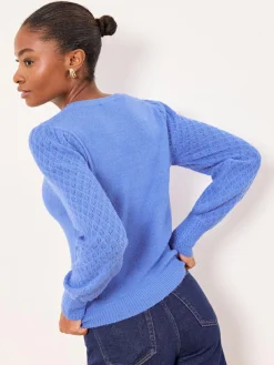 Lipsy Pointelle Stitch Long Sleeve Crew Neck Knit Jumper Cobalt Blue Buttoned