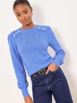 Lipsy Pointelle Stitch Long Sleeve Crew Neck Knit Jumper Cobalt Blue Buttoned