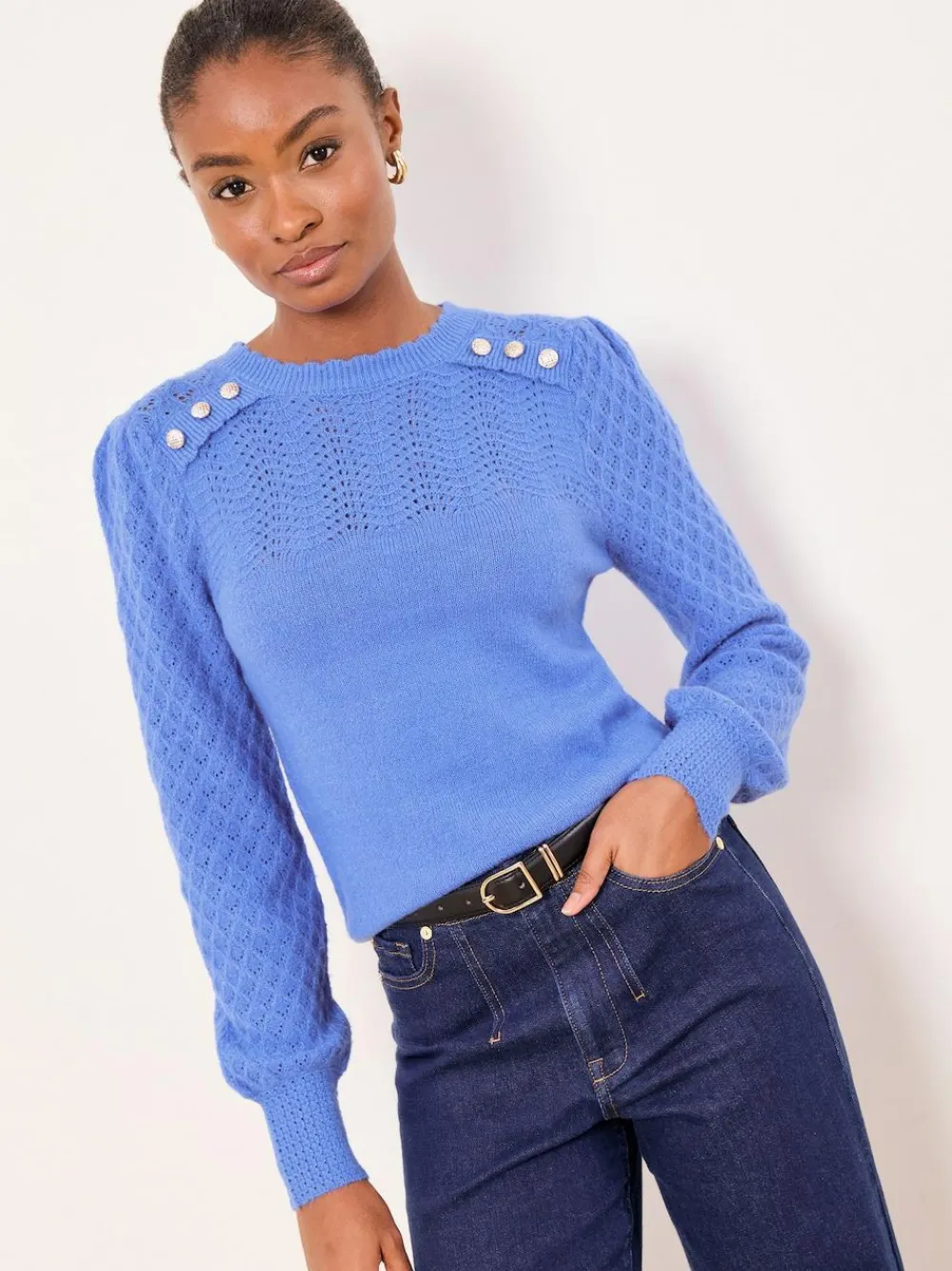 Lipsy Pointelle Stitch Long Sleeve Crew Neck Knit Jumper Cobalt Blue Buttoned