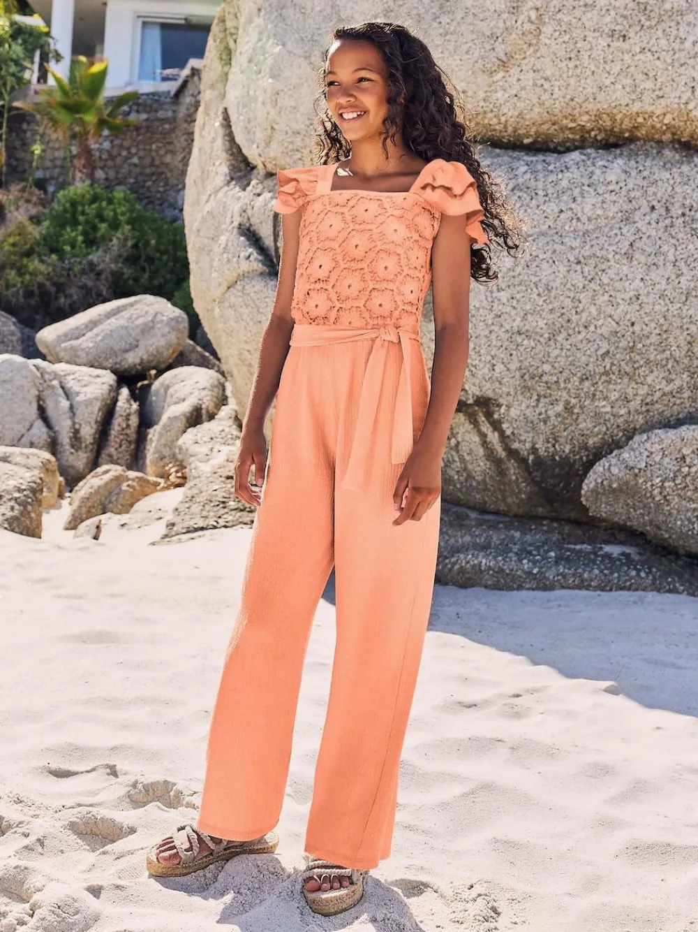 New Lipsy Coral Orange Crochet Holiday Shop Jumpsuit (5-16yrs)