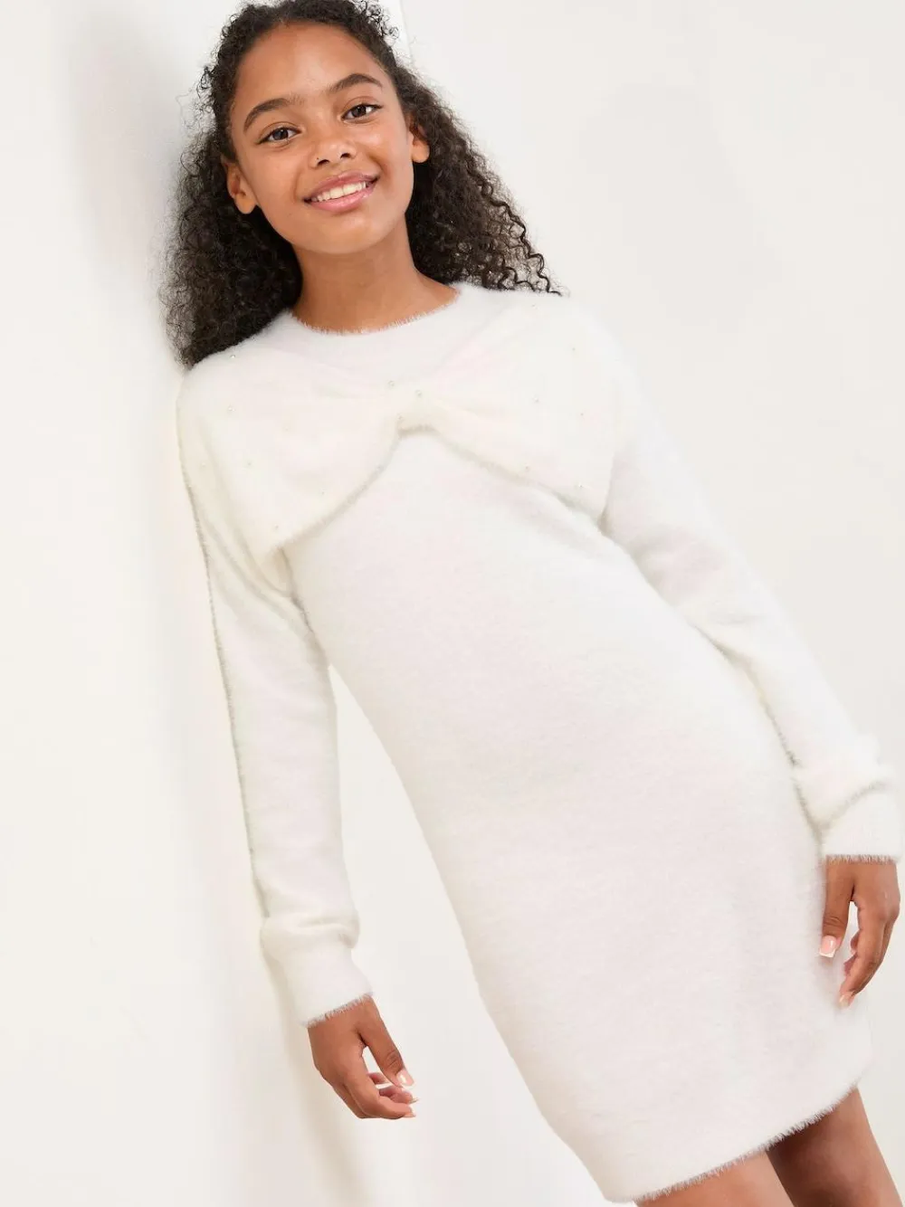 Best Lipsy Cream White Bow Knit Dress (5-16yrs)