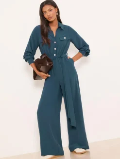 Best Lipsy Dark Green Utility Belted Military Buttoned V-Neck Jumpsuit