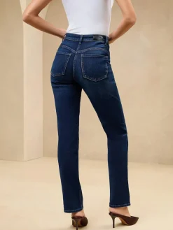 Online Lipsy High Waist Straight Leg Jeans Dark Wash Blue Sculpting