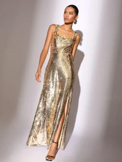 Lipsy Gold Petite Premium Flower Trim Sequin Square Neck Maxi Dress^Women Maxi Dresses