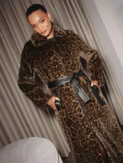 Online Lipsy Leopard Print Faux-Fur Belted Longline Coat