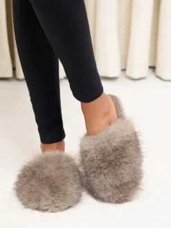 Lipsy Faux Fur Ultra Fluffy Close Toe Mule Nightwear Slippers Mocha