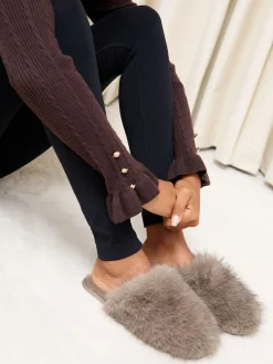 Lipsy Faux Fur Ultra Fluffy Close Toe Mule Nightwear Slippers Mocha