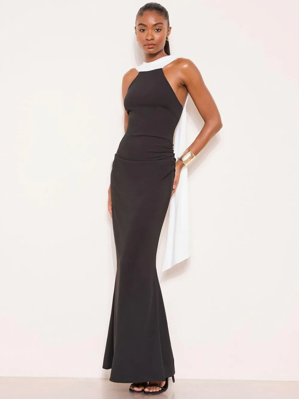 New Lipsy Monochrome High Neck Scarf Drape Maxi Dress