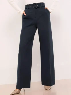 Best Lipsy Belted Tailored Wide Leg Trousers Navy Blue