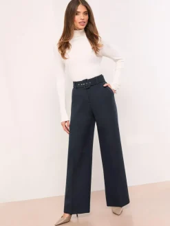 Best Lipsy Belted Tailored Wide Leg Trousers Navy Blue