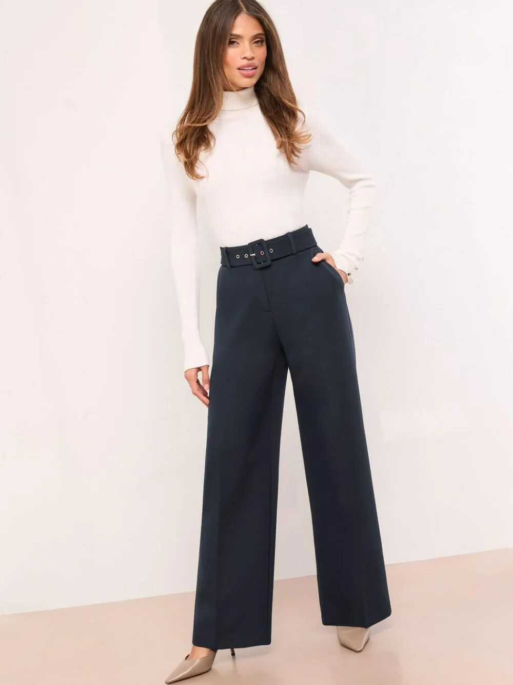 Best Lipsy Belted Tailored Wide Leg Trousers Navy Blue