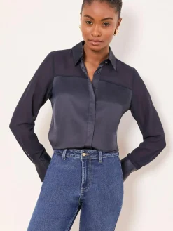 New Lipsy Long Sleeve Satin Chiffon Mix Shirt Navy Blue