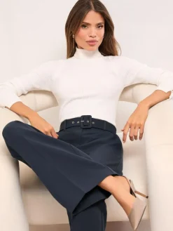 Lipsy Navy Blue Petite Belted Tailored Wide Leg Trousers^Women Pants