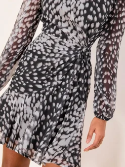 New Lipsy Neutral Animal Print Gathered Waist Woven Mini Dress