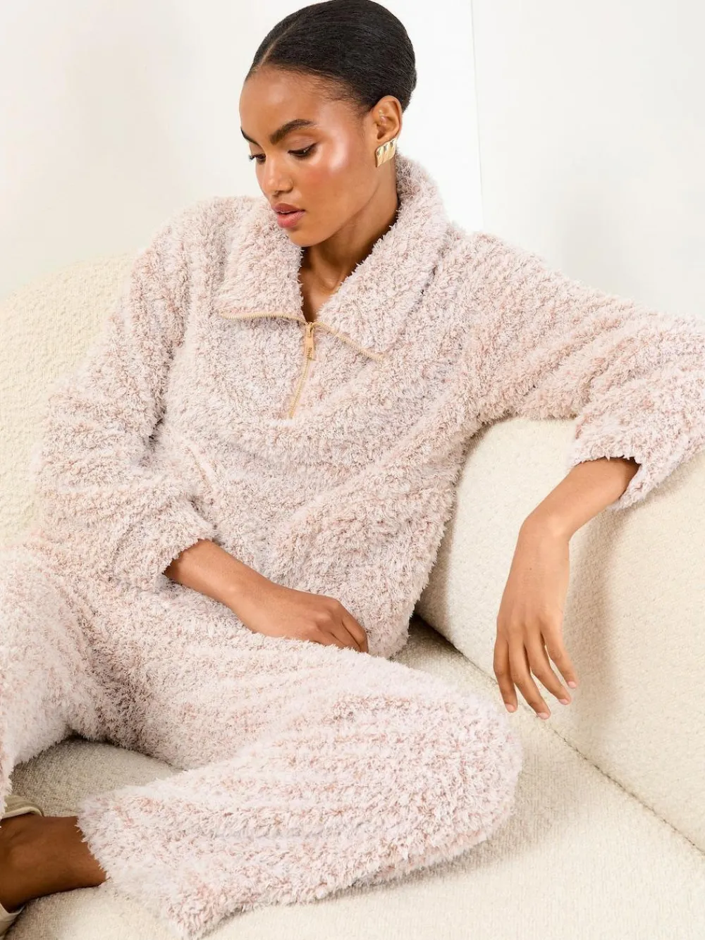 Lipsy Neutral Cosy Half Zip Pyjamas Set^Women Loungewear