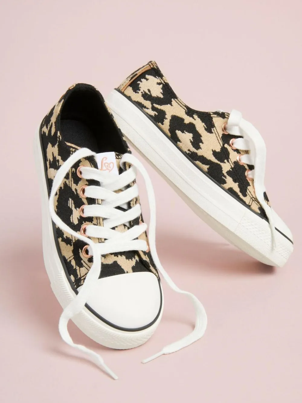 Hot Lipsy Low Top Lace-Up Canvas Baseball Trainers Neutral Leopard Print