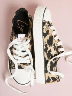 Hot Lipsy Low Top Lace-Up Canvas Baseball Trainers Neutral Leopard Print