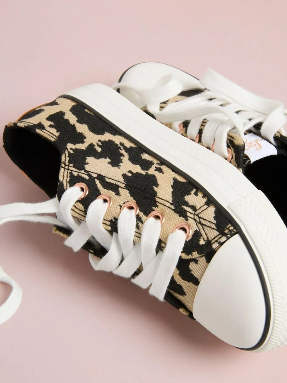 Hot Lipsy Low Top Lace-Up Canvas Baseball Trainers Neutral Leopard Print