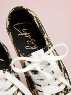Hot Lipsy Low Top Lace-Up Canvas Baseball Trainers Neutral Leopard Print