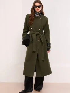 New Lipsy Petite Croc Effect Funnel Neck Belted Longline Coat Olive Green