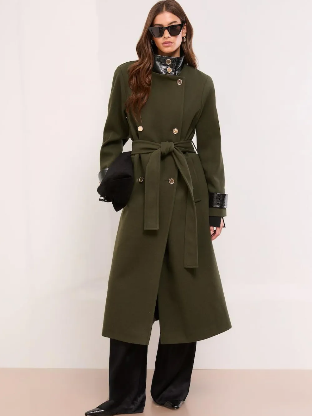 New Lipsy Petite Croc Effect Funnel Neck Belted Longline Coat Olive Green