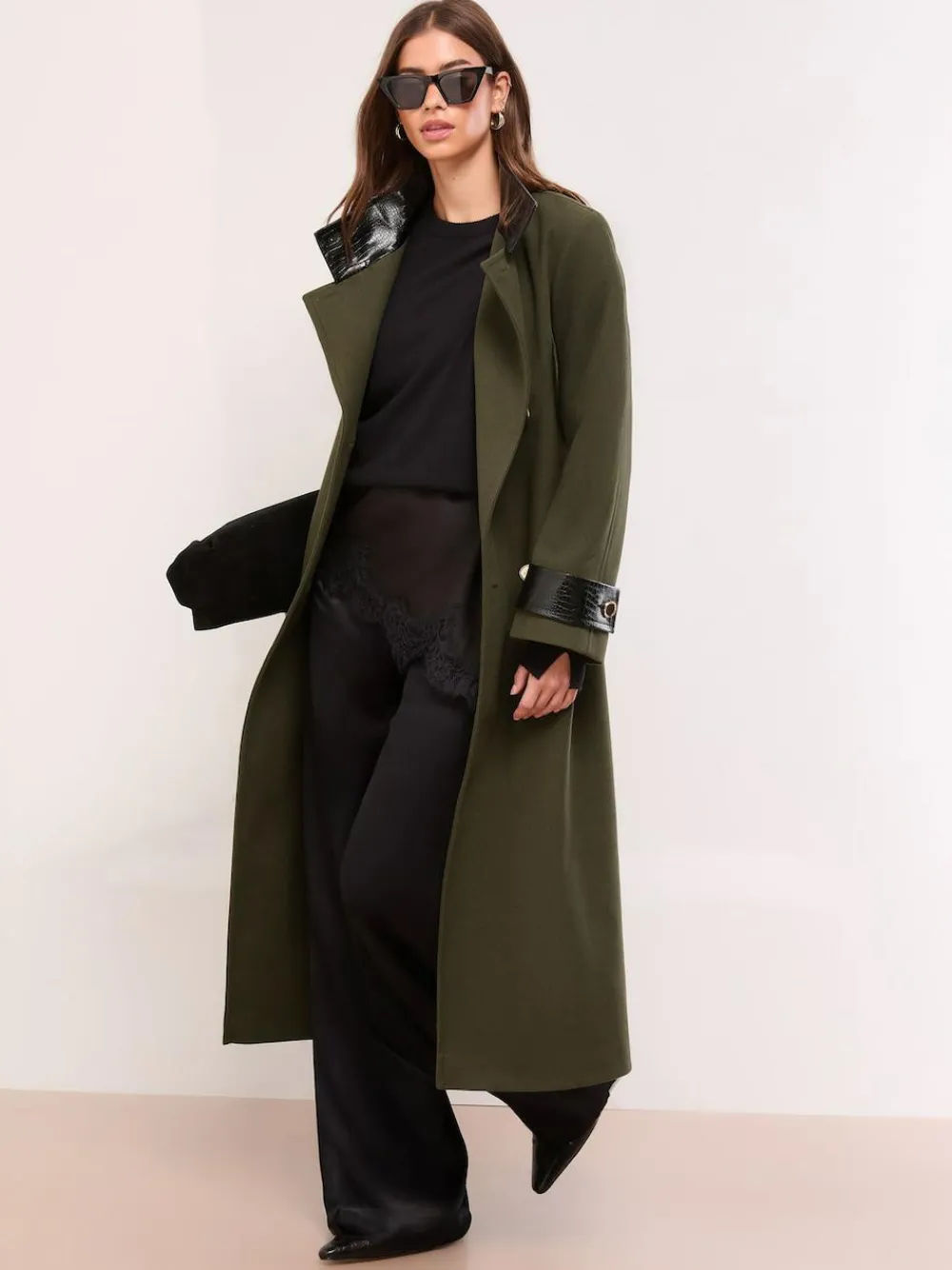 New Lipsy Petite Croc Effect Funnel Neck Belted Longline Coat Olive Green