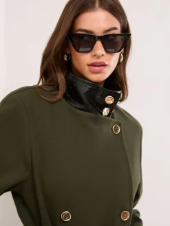 New Lipsy Petite Croc Effect Funnel Neck Belted Longline Coat Olive Green