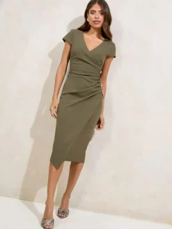 Lipsy Olive Green Short Sleeve Ruched Asymmetric Detail Midi Dress^Women Midi Dresses|Occasion Dresses