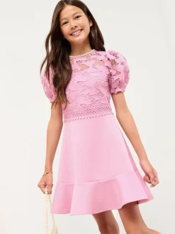New Lipsy Pink Embellished Bow Lace Scuba 2-in-1 Occasion Dress (5-16yrs)