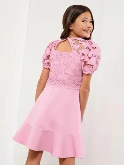 New Lipsy Pink Embellished Bow Lace Scuba 2-in-1 Occasion Dress (5-16yrs)