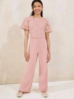 New Lipsy Pink 2-In-1 Flutter Sleeve Lace Occasion Jumpsuit (5-16yrs)
