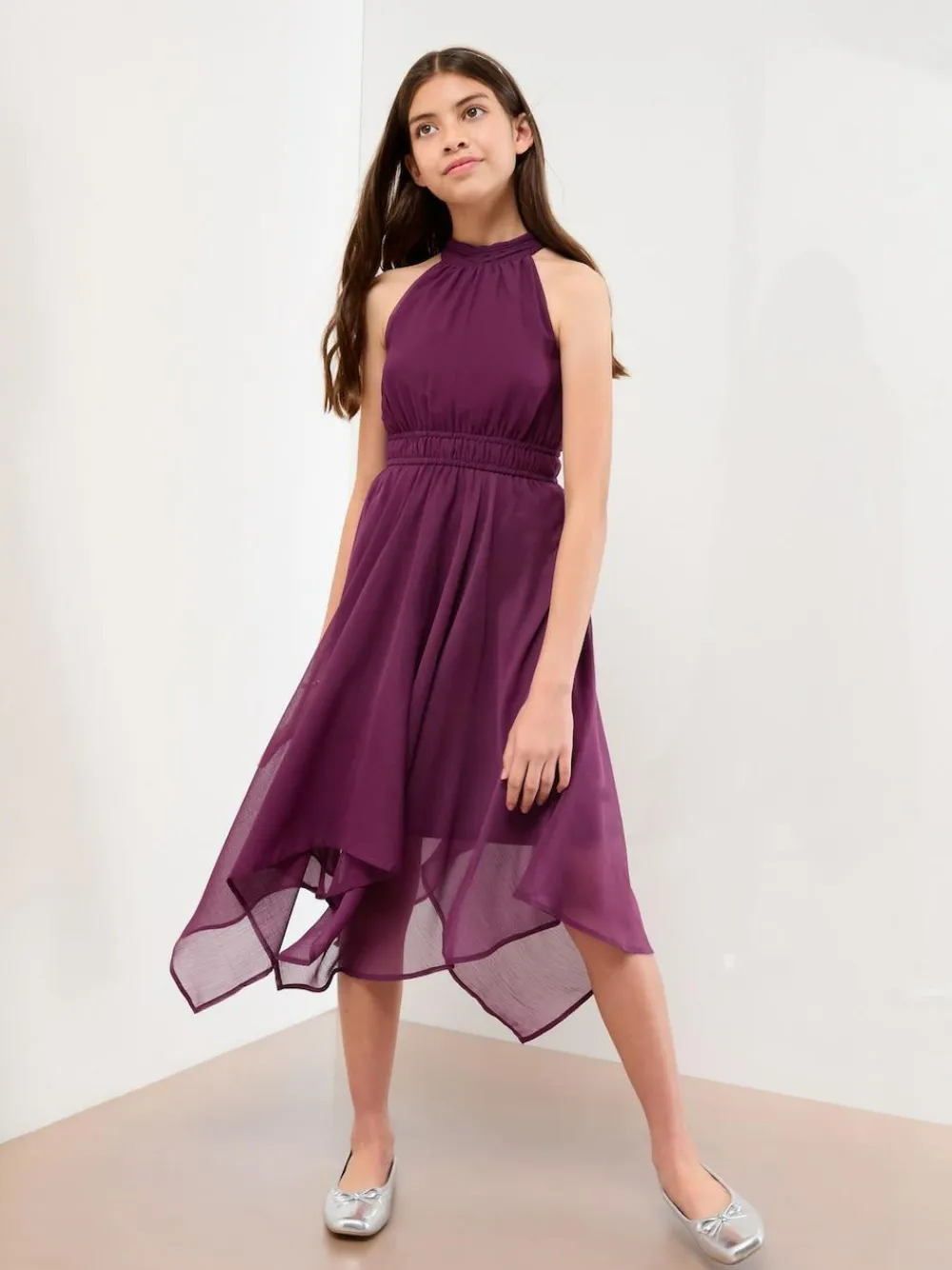 Lipsy Hanky Hem Halter Occasion Dress (7-16yrs) Plum Purple
