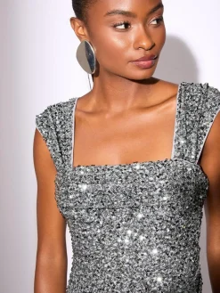 Lipsy Silver Sequin Square Neck Maxi Dress