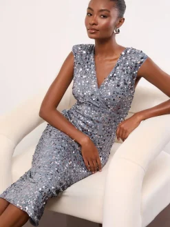 Lipsy Silver Sequin V-Neck Sleeveless Bodycon Midi Dress^Women Occasion Dresses|Midi Dresses