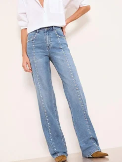 Outlet Lipsy Wide Leg Jeans Studded Mid Wash Blue