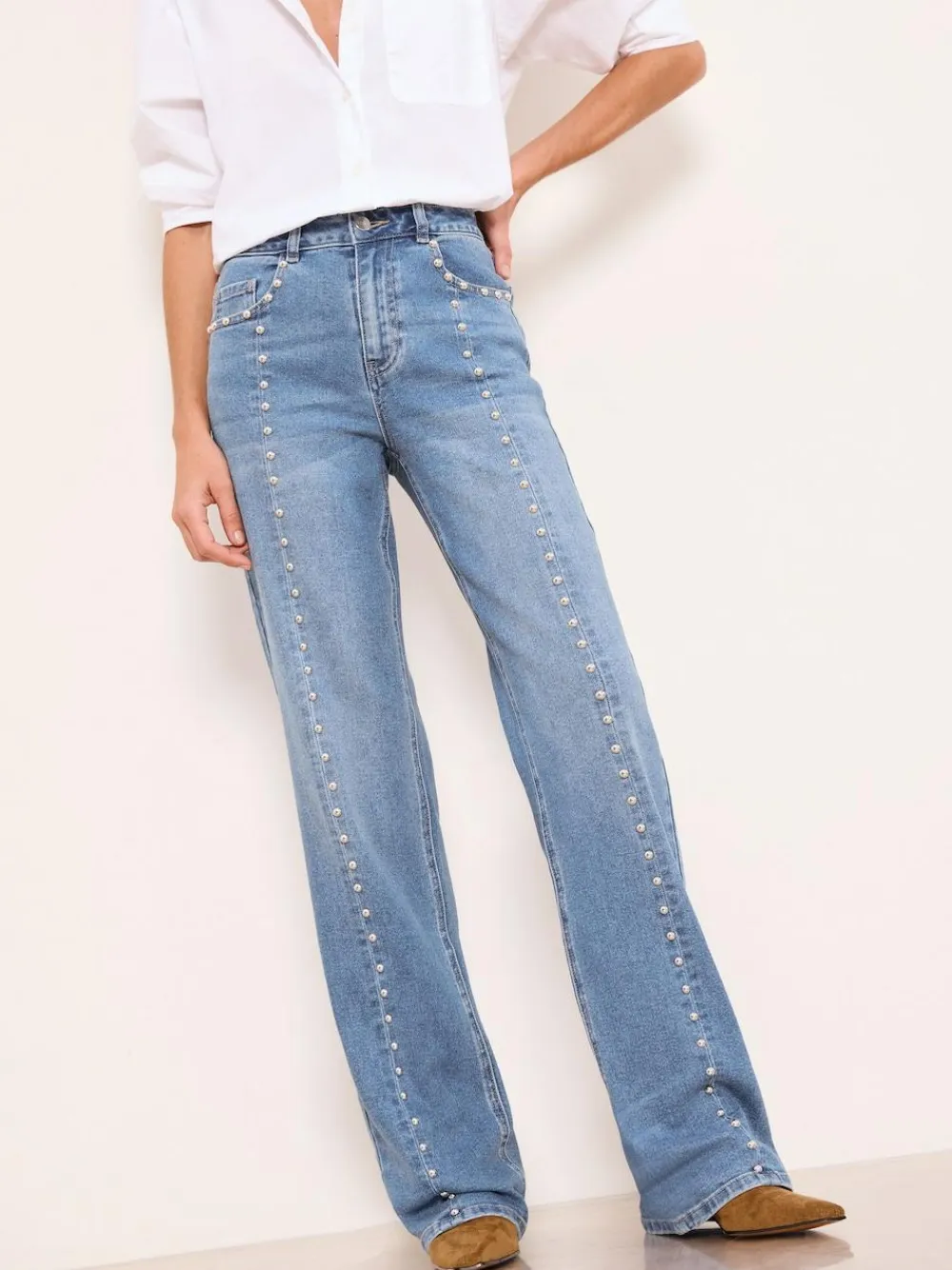 Outlet Lipsy Wide Leg Jeans Studded Mid Wash Blue