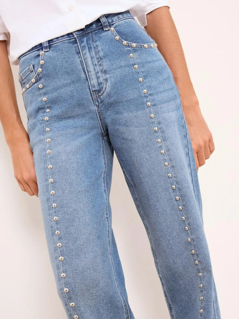 Outlet Lipsy Wide Leg Jeans Studded Mid Wash Blue