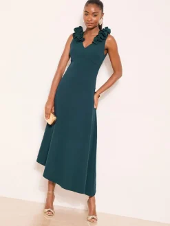 New Lipsy Teal Blue Flower Trim V-Neck Skater Dress