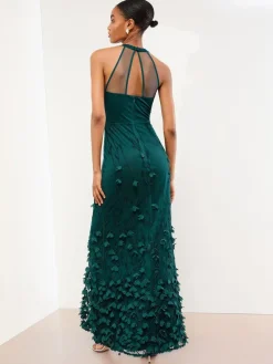 Outlet Lipsy Teal Blue Petite Premium Floral 3D Textured Halter Maxi Dress