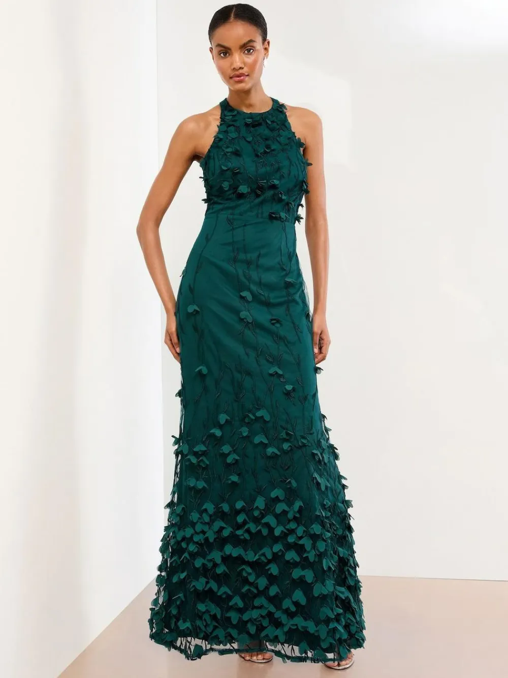 Lipsy Teal Blue Premium Floral 3D Textured Halter Maxi Dress^Women Occasion Dresses|Maxi Dresses