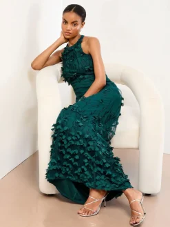 Lipsy Teal Blue Premium Floral 3D Textured Halter Maxi Dress^Women Occasion Dresses|Maxi Dresses