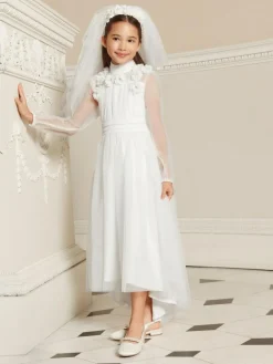 Lipsy White Holy Communion Long Sleeve Mesh Corsage Occasion Dress (7-11yrs)^ Occasionwear