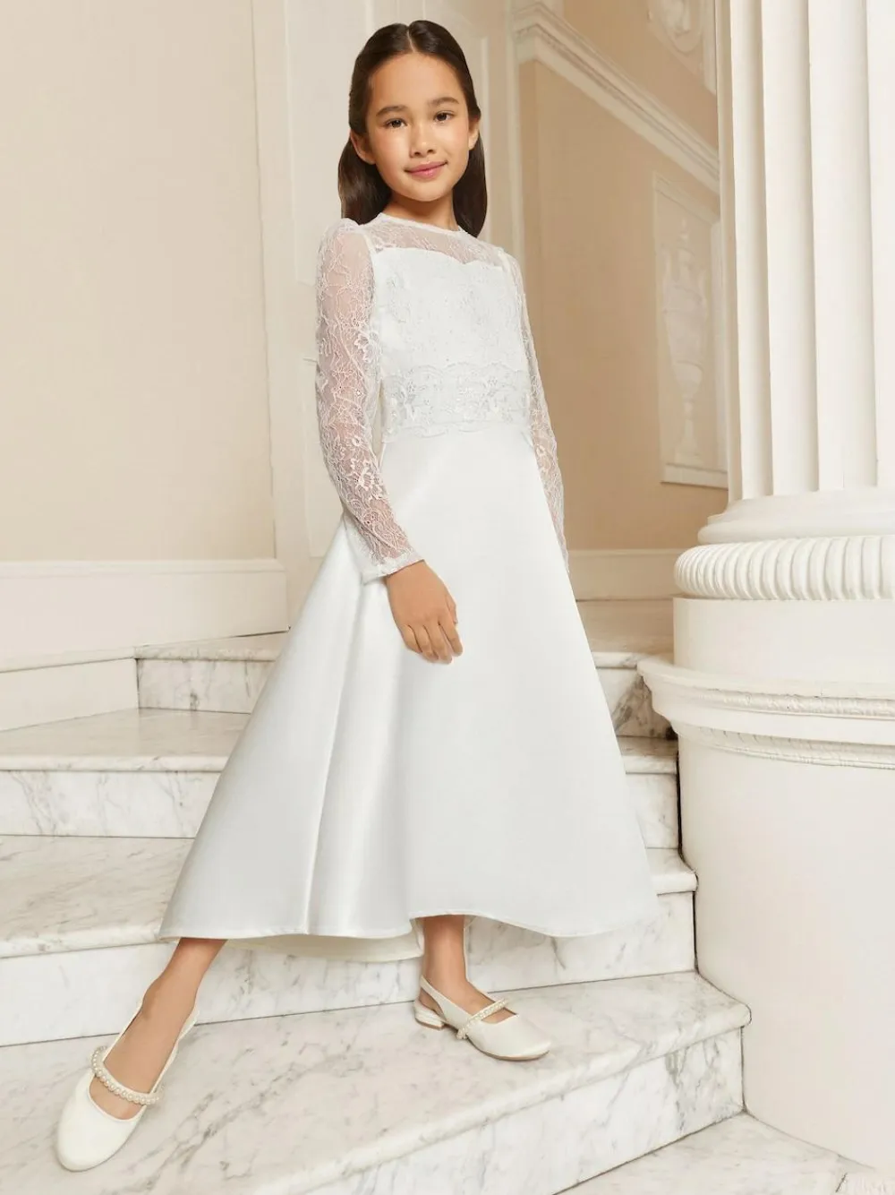 Lipsy White Holy Communion Long Sleeve Lace Satin Occasion Dress (7-11yrs)^ Occasionwear|Dresses
